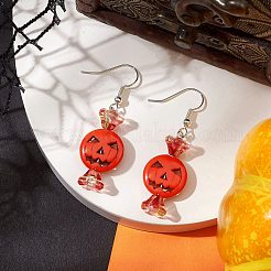 染色された合成ターコイズとガラスのダングルイヤリング  真鍮のピアスフック  アイアン製Tピン  ハロウィン パンプキン&フラワー ロングドロップイヤリング  サンゴ  48x15mm&nbsp;EJEW-TA00428