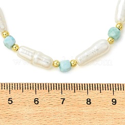 ファセットカットされたキューブ型天然ラリマーと天然バロックケシパールを使用したコラムビーズネックレス  真鍮製エンドチェーン付き  ゴールドカラー  16.22インチ（41.2cm）&nbsp;NJEW-JN06620