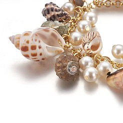 天然巻き貝の殻チャームブレスレット  アクリル模造パールと鉄のローロチェーン付き  ゴールドカラー  23cm（エクステンダチェーン含む）&nbsp;BJEW-WH0005-01P