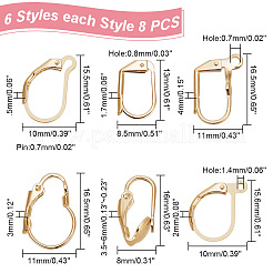 48pcs6スタイル真鍮フレンチフックピアスのパーツ  水平ループ付き  ゴールドカラー  13~16.5x8~11x1.5~6mm  穴：1.4~1.8mm  ピン：0.7~0.8mm  8個/スタイル&nbsp;KK-AR0003-59G