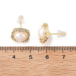 真鍮マイクロペーブクリアキュービックジルコニアスタッドピアス  天然パールと  正方形  14KGP本金メッキ  11.5x11.5mm&nbsp;EJEW-P302-01G