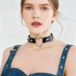 Punk Rock Style Alloy Star Heart Link Imitation Leather Chocker Necklaces&nbsp;NJEW-WH20004-20A