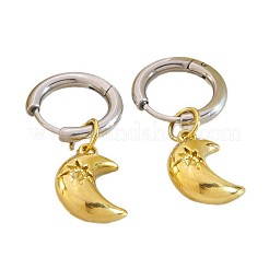 304ステンレススチール製マイクロパヴェキュービックジルコニアフープピアス（女性用）  本金メッキ&ステンレススチールカラー  ムーン  25mm&nbsp;WGE2C14-04