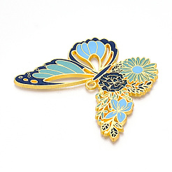 ラックメッキ合金エナメルビッグペンダント  カドミウムフリー＆ニッケルフリー＆鉛フリー  花のチャームが付いた蝶  ゴールドカラー  ミックスカラー  55x66.5x2mm  穴：2.5mm&nbsp;ENAM-N056-396-G