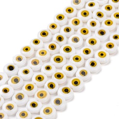 手作りナザールボンジュウランプワークフラットラウンドビーズ連売り  ホワイト  6x3mm  穴：1mm  約65個/連  14インチ&nbsp;LAMP-L058-6mm-22