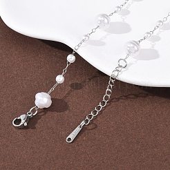 ABSプラスチックパールラウンドビーズリンクブレスレット  女性用304ステンレススチールアズキチェーンブレスレット  ステンレス鋼色  10.12インチ（25.7cm）&nbsp;BJEW-G774-05P