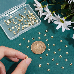 真鍮製スペーサービーズ100個  長持ちメッキ  正方形  14KGP本金メッキ  3x3x1.5mm  穴：1.6mm&nbsp;KK-BC0012-54B