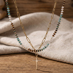 Stainless Steel Religion Cross Pendant Colorful Natural Mixed Gemstone Rondelle Beaded Double Layer Necklaces for Women&nbsp;KG2971