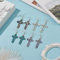 Natural Gemstone Braided Hollow Out Cross Dangle Earrings&nbsp;EJEW-JE05138