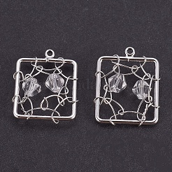 真鍮チャーム  アクリルラインストーン付き  ニッケルフリー  長方形  透明  プラチナメッキ  18~20x13~15x4mm  穴：1mm&nbsp;KK-F755-25P-NF