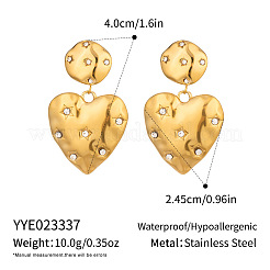 女性用304ステンレススチールラインストーンスタッドピアス  ハート  18KGP本金メッキ  40x24.5mm&nbsp;LN6292