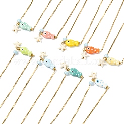Ocean Synthetic Turquois Starfish & Handmade Porcelain Fish Pendant 304 Stainless Steel Cable Chain Necklaces&nbsp;NJEW-JN06139