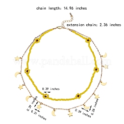 ガラスの種で編んだ花の二層ネックレス  304ステンレススチールの月と星のチャームネックレス、真鍮アズキチェーン付き、女性用  ゴールドカラー  きいろ  14.96インチ（38cm）&nbsp;NJEW-SW00015-01