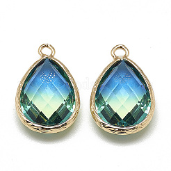 ガラスチャーム  ゴールデントーン真鍮パーツ  多面カット  ティアドロップ  ドジャーブルー  23x15x7mm  穴：1.5~2mm&nbsp;LS-GLAA-Q068-12A-02