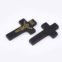印刷木製のペンダント  十字架クロス  イースターのために  染め  ブラック  41.5~42.5x23.5~24.5x4.5mm  穴：2mm&nbsp;WOOD-S050-35B-01