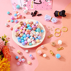 DIY キーホルダー リストレット作成キット  合金分割キーリングとクラスプを含む  プラスチック離脱クラスプ  六角＆丸＆そろばん シリコン＆ウッドビーズ  ミックスカラー&nbsp;DIY-TA0004-39