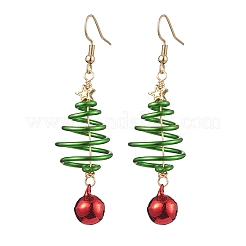 アルミワイヤーで包まれたクリスマスツリーのダングルイヤリング  女性用真鍮ベルイヤリング  ライムグリーン  66x17~19mm&nbsp;EJEW-JE05829-01