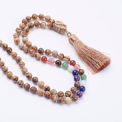 Natural Picture Jasper Tassel Pendant Necklaces&nbsp;NJEW-P193-A02