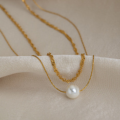 304 Stainless Steel Double Layer Necklaces with White Round Faux Pearl Pendants for Women&nbsp;KQ2558