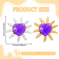 2ペア2色のステンレススチールスタッドピアス  ハート  パープル  19x15mm  1対/カラー&nbsp;EJEW-HY0001-46A