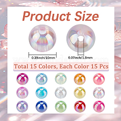 15色透明アクリルビーズ  ab色メッキ  ラウンド  ミックスカラー  10mm  穴：1.8mm  約15PCS /カラー&nbsp;MACR-PA0001-04C