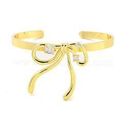 Bowknot Rack Plating Brass Pave Clear Cubic Zirconia Open Cuff Bangles for Women&nbsp;BJEW-P322-08G