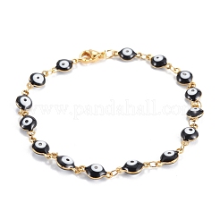 304ステンレススチールジュエリーセット  リンクのブレスレット＆ネックレス  エナメル  ナザールボンジュウ  ブラック  17-3/4インチ（45cm）  7-7/8インチ（20cm）&nbsp;SJEW-H086-03G-A