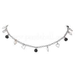 Natural Black Agate(Dyed & Heated) & Natural Pearl & 304 Stainless Steel Heart Tassel Curb Chain Necklaces&nbsp;NJEW-JN05342