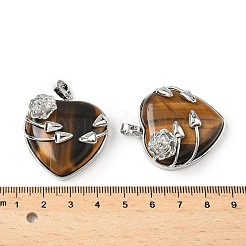 天然タイガーアイハートペンダント  真鍮の花で包まれたラブチャーム  プラチナ  35x32x11.5mm  穴：8x5mm&nbsp;G-S391-01P-F