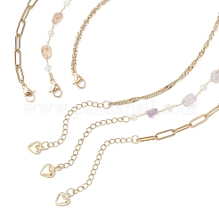 Natural Amethyst Double Terminated Pointed Bullet Pendant 304 Stainless Steel & Brass Chain 3 Layer Necklaces for Women&nbsp;NJEW-JN05477-01
