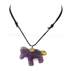 Natural Amethyst Horse Pendant Adjustable Black Korean Waxed Polyester Cord Neckalces&nbsp;NJEW-JN06355-02