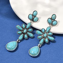 合金合成ターコイズダングルスタッドピアス  ティアドロップの花  アンティークシルバー  81.5x31mm&nbsp;EJEW-U053-06AS