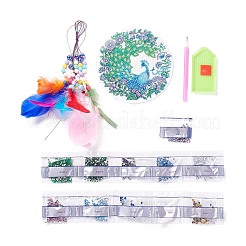 羽のペンダントキットが付いている編まれた網/ウェブをぶら下げているdiyのダイヤモンドの絵画  アクリル板入り  ペン  トレイ  鐘とランダムな色の羽  家の装飾のための風鈴工芸品  ピーコック模様  400x146mm&nbsp;DIY-I084-17