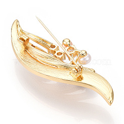 天然パールとガラスの葉の女性用ブローチ  真鍮のピン  14KGP本金メッキ  24x64.5x18mm&nbsp;JEWB-N001-13G