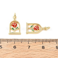 真鍮製エナメルペンダント  丸カン付き  バラのチャームが付いたアーチ  ラックめっき  18KGP本金メッキ  鉛フリー＆カドミウムフリー  長持ちメッキ  レッド  15.5x9.5x2mm  穴：2.2mm&nbsp;KK-L237-009G