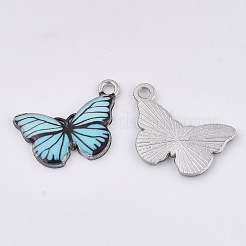 プリント合金ペンダント  エナメル  蝶  プラチナ  ライトスカイブルー  13x20x2mm  穴：1.6mm&nbsp;X-PALLOY-R111-13C