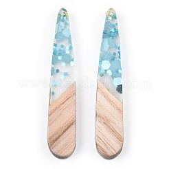 透明レジン＆ホワイトウッドペンダント  スパンコール付きティアドロップチャーム  ライトスカイブルー  44x7.5x3mm  穴：1.5mm&nbsp;RESI-N039-51