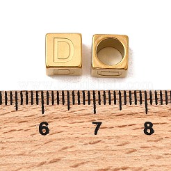 304ステンレススチールヨーロピアンビーズ  大穴ビーズ  文字付きのキューブ  ゴールドカラー  文字d  7x7x7mm  穴：5mm&nbsp;STAS-D382-02D-G