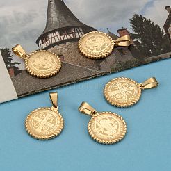 304ステンレスペンダントイオンプレーティング(IP)  聖者ベネディクトメダルのフラットラウンド  ゴールドカラー  22x19x3mm  穴：4x7mm&nbsp;STAS-O065-18