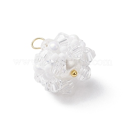 ガラスチャーム  花  ガラスシードビーズと真鍮ループ付き  多面カット  ホワイト  17.5x16mm  穴：2.3mm&nbsp;PALLOY-MZ00673-03