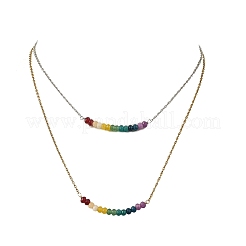 Dyed Natural Malaysia Jade Rondelle Chakra Pendant Duo Tone 304 Stainless Steel Cable Chain Double Layer Necklaces for Women&nbsp;NJEW-JN06649