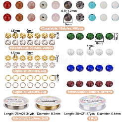 DIYブレスレットリング作りキット  天然と合成の混合宝石ラウンド、ガラスバイコーン、合金フラワー、ラインストーンスペースビーズを含む  銅クラフトワイヤー  伸縮性のある糸  8mm  穴：0.8~1.2mm&nbsp;DIY-NB0009-34