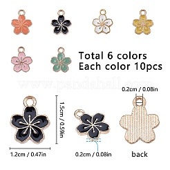 ライトゴールドメッキの合金エナメルペンダント  花  ミックスカラー  15x12x1.5mm  穴：1.6mm  6色  10色  60個/箱&nbsp;PALLOY-SC0002-42