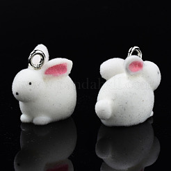 フロッキー樹脂ペンダント  プラチナメッキ鉄ループ付き  兎  フラミンゴ  18x23x12mm  穴：2.5mm&nbsp;RESI-N032-10