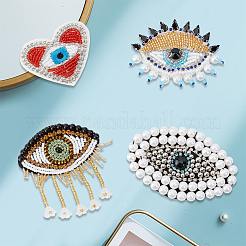 4個 4スタイル ポリエステル&ファイバー&ガラス ラインストーン 刺繍糸 アイロン接着/縫い付けパッチ  プラスチック模造パールと  布のアップリケ  目  ミックスカラー  52~77x64~93x3.5~10.5mm  1個/スタイル&nbsp;PATC-GF0002-01