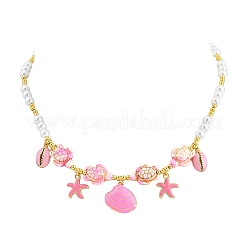 Ocean Brass Enamel Starfish Shell Shape Pendant Round ABS Imitation Pearl Beaded Necklaces&nbsp;KK-CBA4547-04C-G