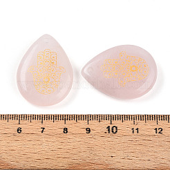 天然石ローズクォーツペンダント  金色の金属で編まれたハムサの手が付いた涙型のチャーム  32.5~33.5x24.5~25.5x7~8mm  穴：2mm&nbsp;G-N345-05E