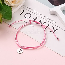 ワックスポリエステルコード編組ブレスレット  真鍮のビーズで  304ステンレススチールチャーム  クロスとフラットラウンド  ピンク  内径：2~3-3/4インチ（5.2~9.6cm）&nbsp;BJEW-JB05663-05