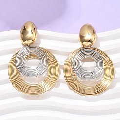 304ステンレススチールツートンダングルスタッドピアス  イオンプレーティング（ip）  螺旋 平ら 円形  ゴールデン·ステンレス鋼色  60.5x40.5mm&nbsp;EJEW-C142-17PG