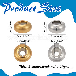 40個2スタイルのステンレススチールビーズ  プラスチック付き  スライダービーズ  ロンデル  ミックスカラー  8x4mm  穴：2~3.5mm  20個/スタイル&nbsp;STAS-ME0002-45